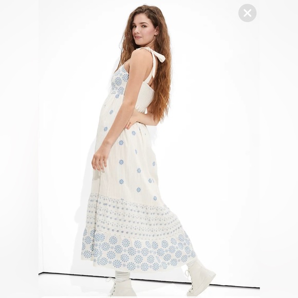 American Eagle Shoulder Tie Maxi Dress. Cream with Blue Details. Size Small. - Picture 2 of 9